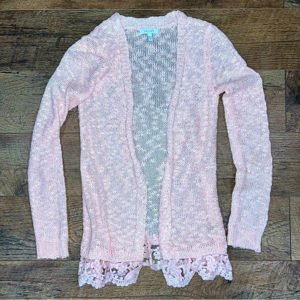 dELiA*s Pink Cardigan with Lace Trim
